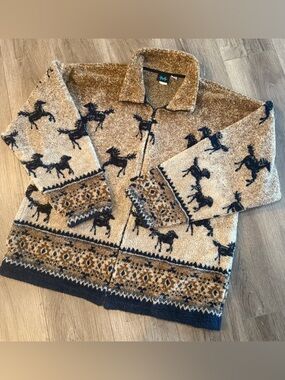 Vintage Mazmania Fleece Jacket XL Made in USA Horse Print Western Pullover